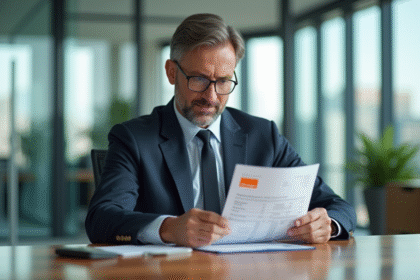 Homme d affaires en costume examine un document financier