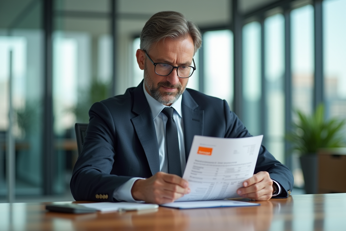 Homme d affaires en costume examine un document financier