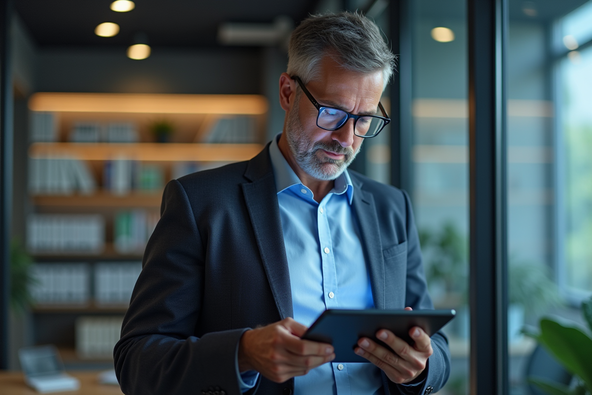Homme d'affaires regardant un tableau financier sur tablette