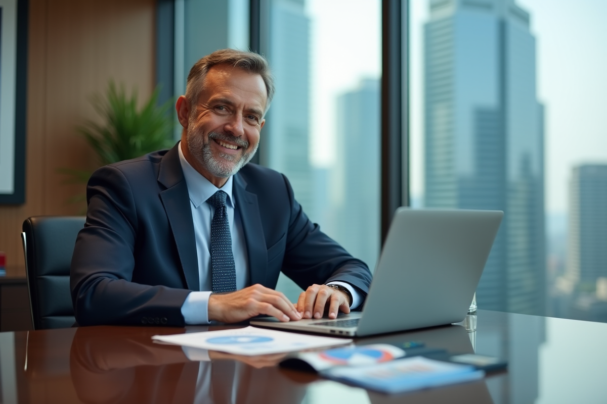 Homme d'affaires en costume regardant des graphiques financiers