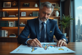 Homme d affaires en costume bleu examinant une carte du monde