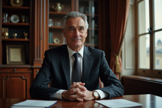 Homme d'affaires français en costume dans un bureau parisien