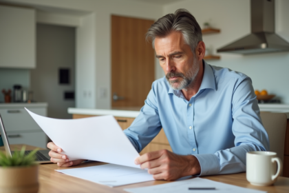 Homme d'affaires en intérieur examine des documents immobiliers
