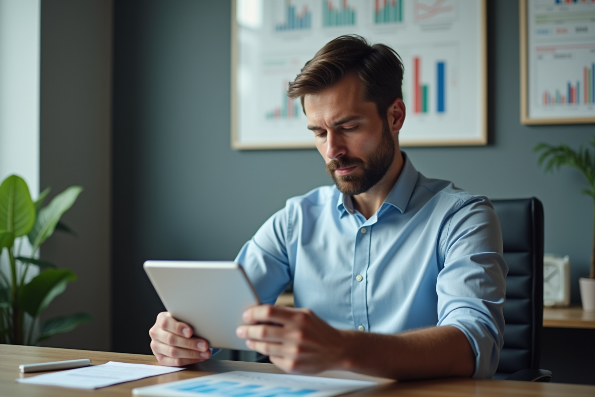 Homme d'affaires en tenue casual regardant des graphiques financiers