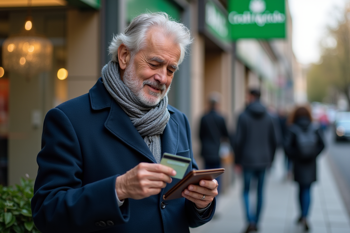 Homme âgé regarde ses cartes de crédit devant la banque