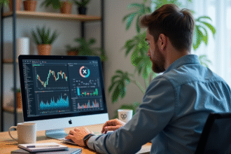 Homme détendu utilisant un ordinateur avec logo XRP