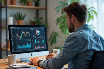 Homme détendu utilisant un ordinateur avec logo XRP