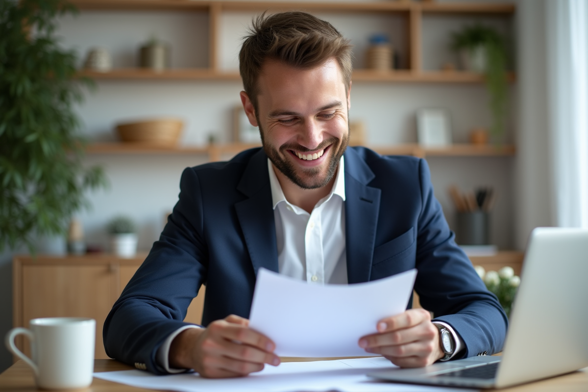 Homme souriant en bureau à domicile avec documents et smartphone