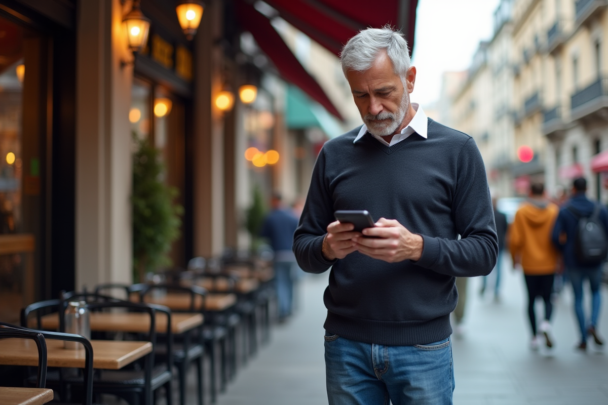 Homme d age checkant son crypto dans un café urbain