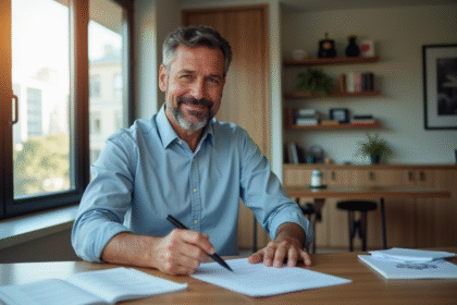 Homme d'affaires confiant examine documents de pret immobilier