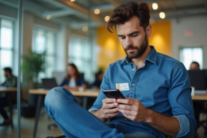 Homme utilisant son smartphone dans un espace de coworking moderne