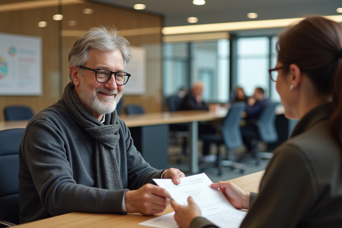 Homme senior remettant des documents à un agent administratif