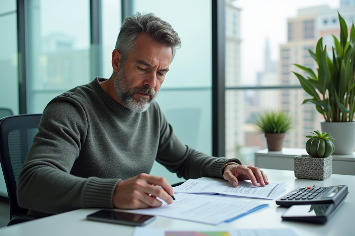Homme réfléchissant à des documents de prêt immobilier au bureau