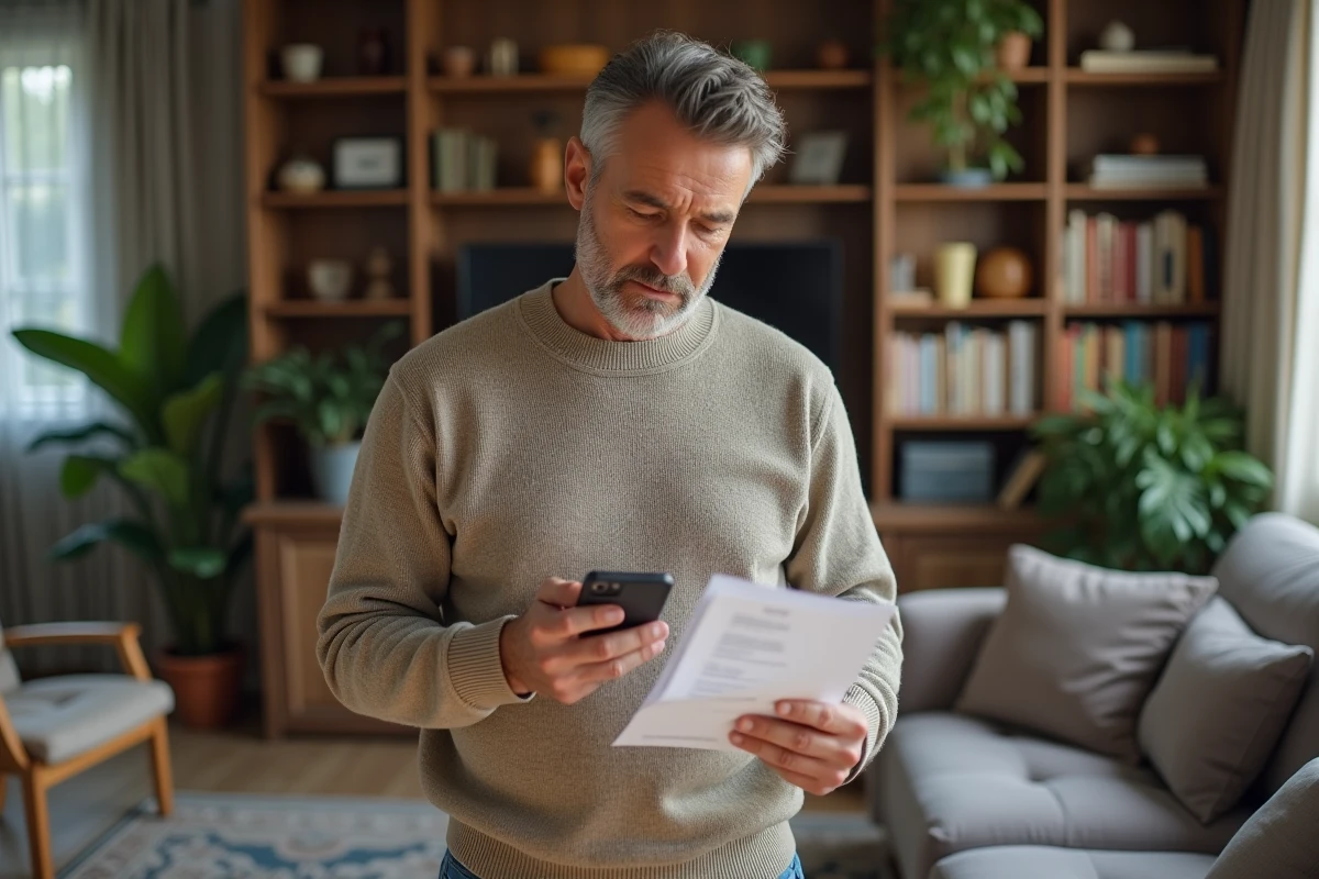 Homme chez lui examinant une facture et son smartphone