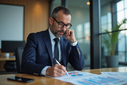 Homme d'affaires en costume analysant des graphiques financiers