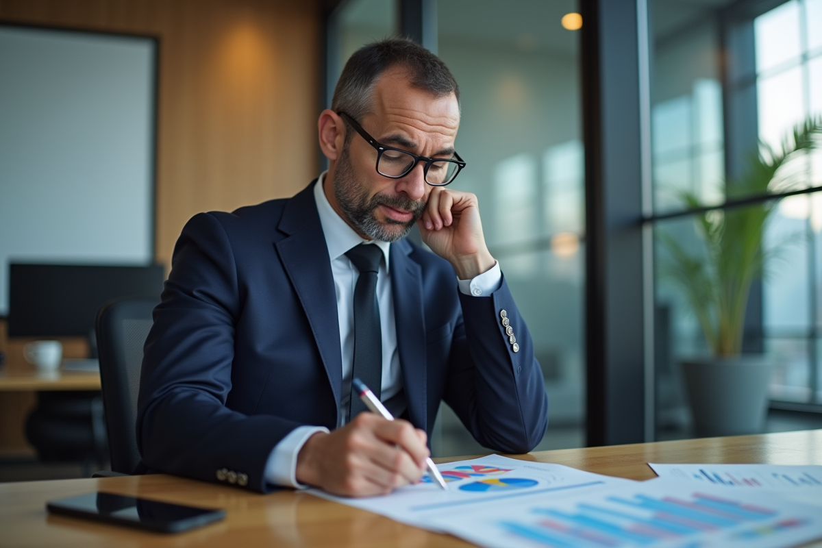 Homme d'affaires en costume analysant des graphiques financiers