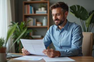 Homme en bleu et beige examinant des documents financiers