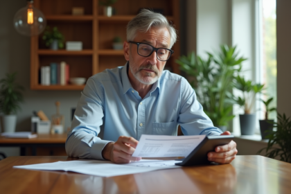 Homme d'âge moyen analysant des documents financiers à domicile