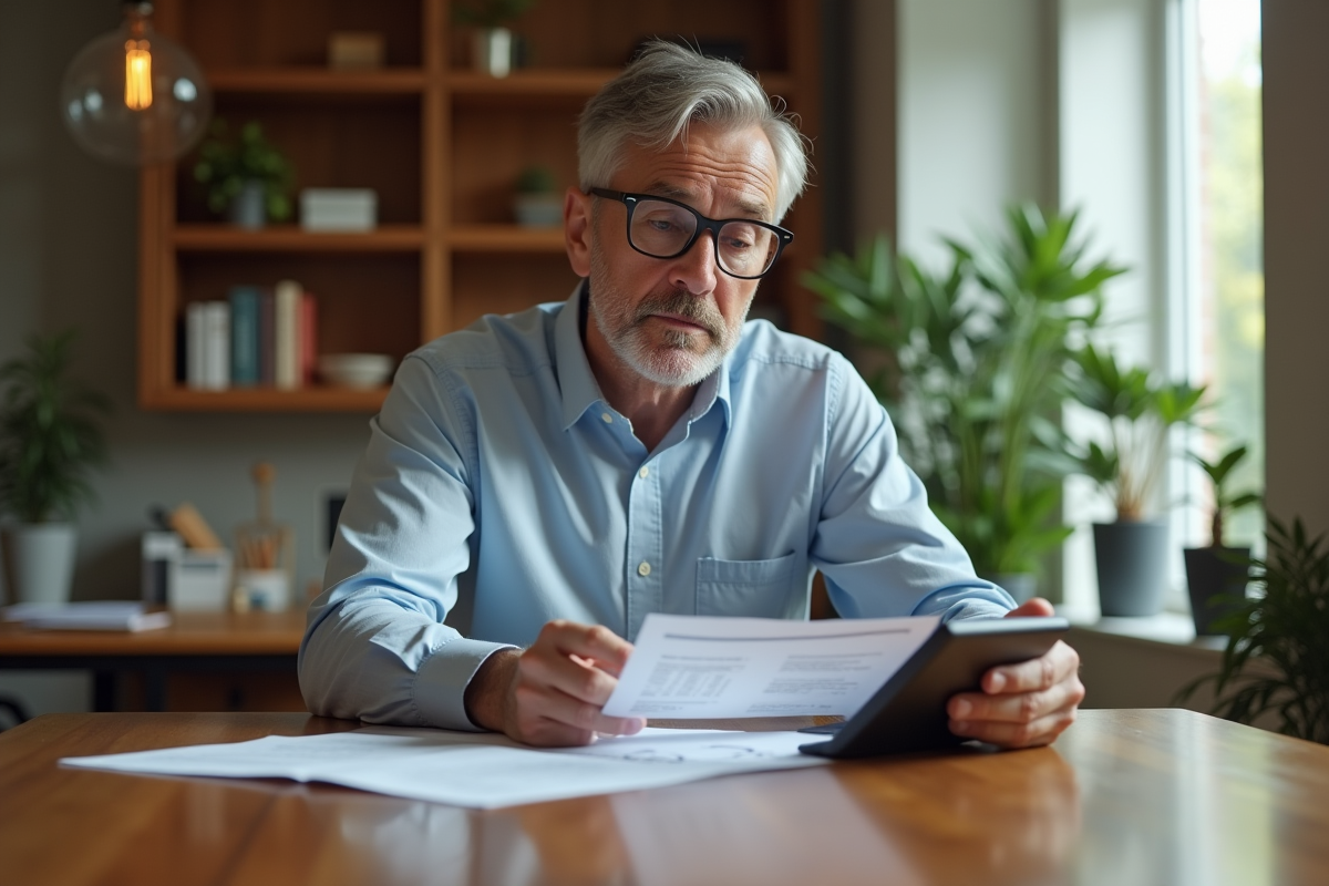 Homme d'âge moyen analysant des documents financiers à domicile