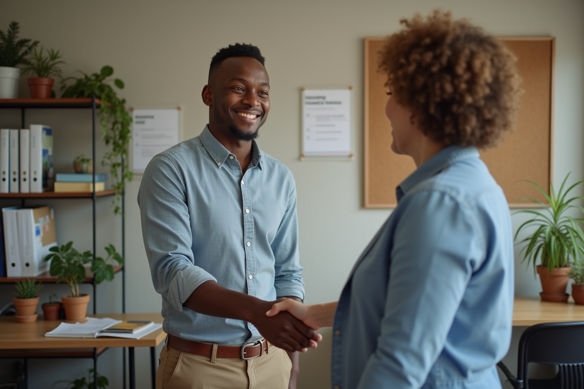 Homme et travailleur social se serrant la main dans un bureau