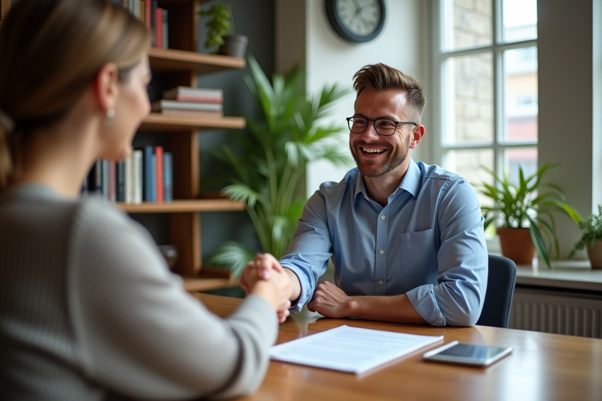 Homme souriant serre la main d une conseillère dans un salon