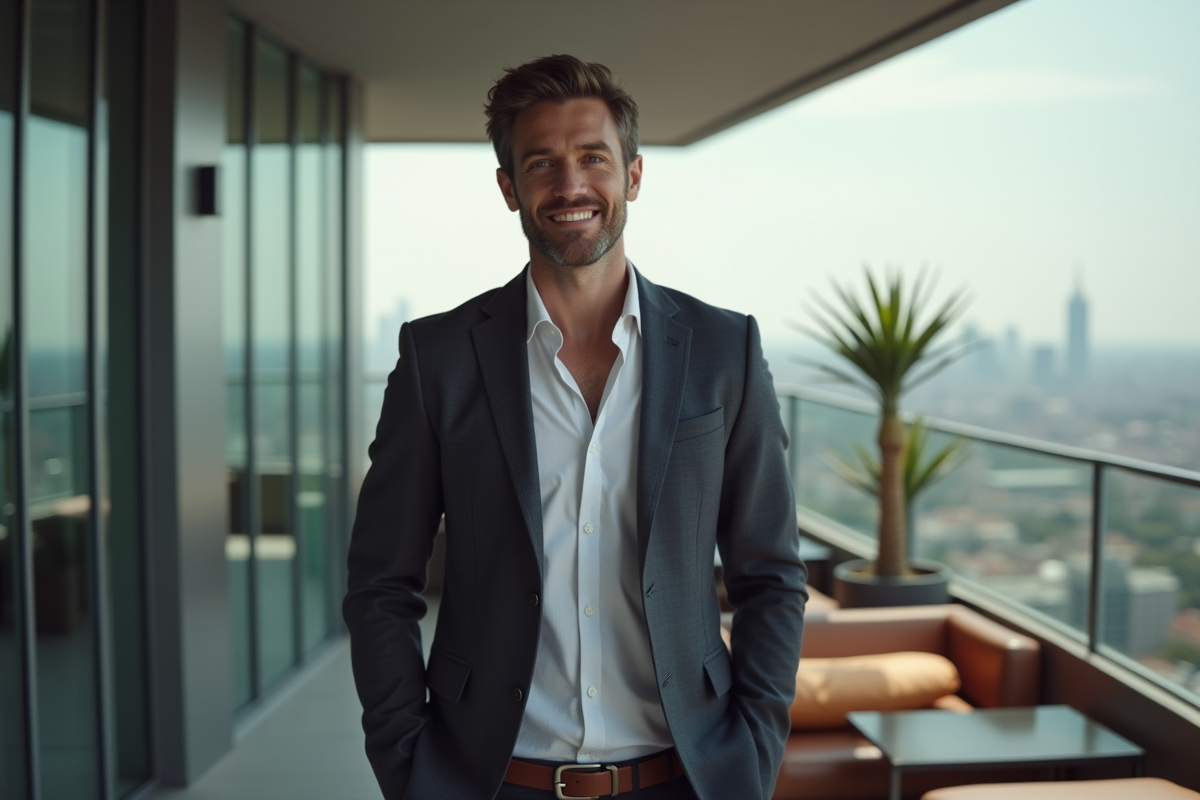 Jeune entrepreneur français dans un lounge rooftop moderne