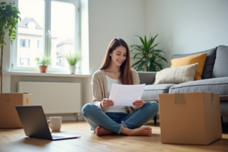 Jeune femme lisant documents de logement avec espoir