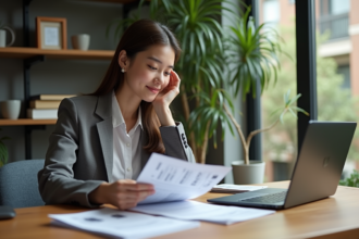 Jeune femme en blazer étudiant des documents financiers