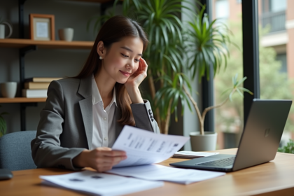Jeune femme en blazer étudiant des documents financiers