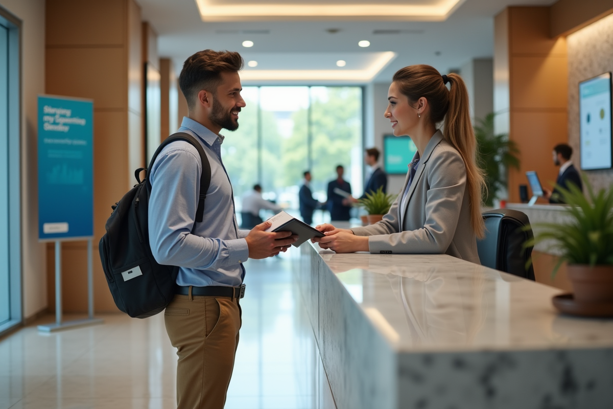 Jeune homme discutant avec un conseiller bancaire dans un lobby