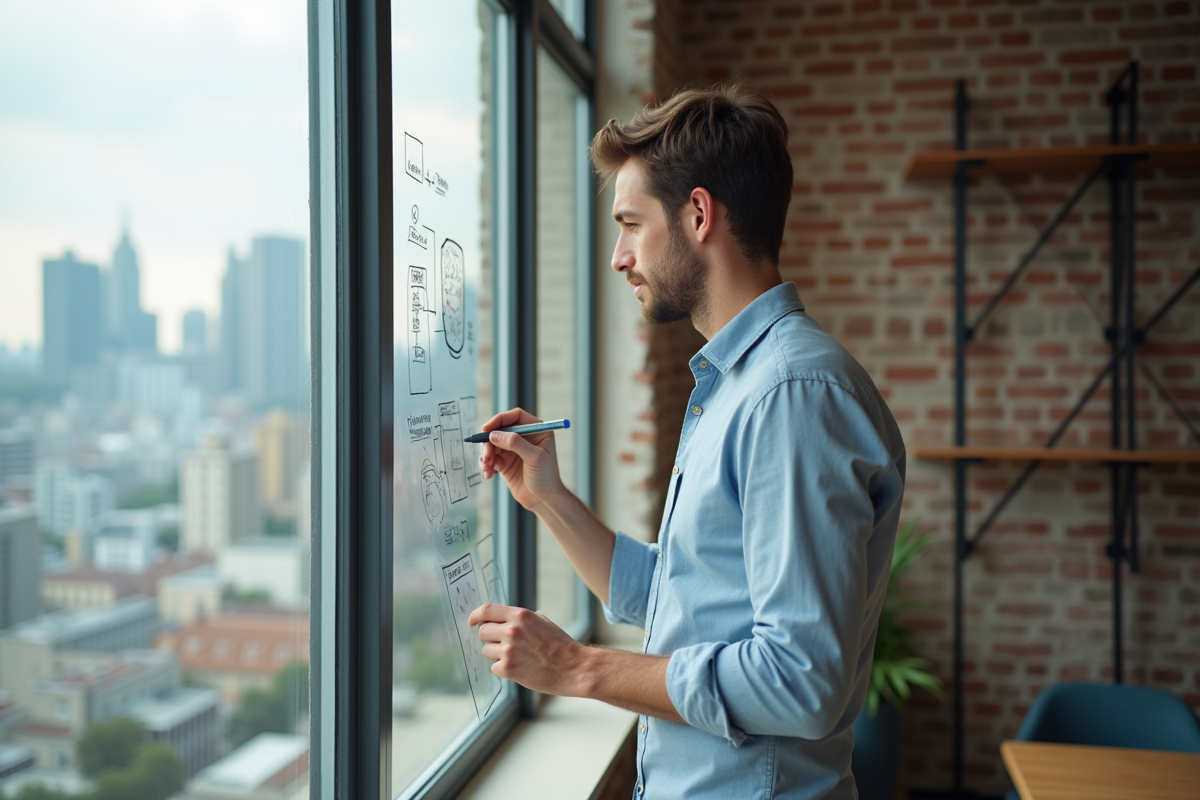 Jeune homme esquissant des idées sur un tableau dans un espace de coworking