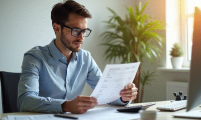 Jeune professionnel analysant un relevé de paie au bureau lumineux