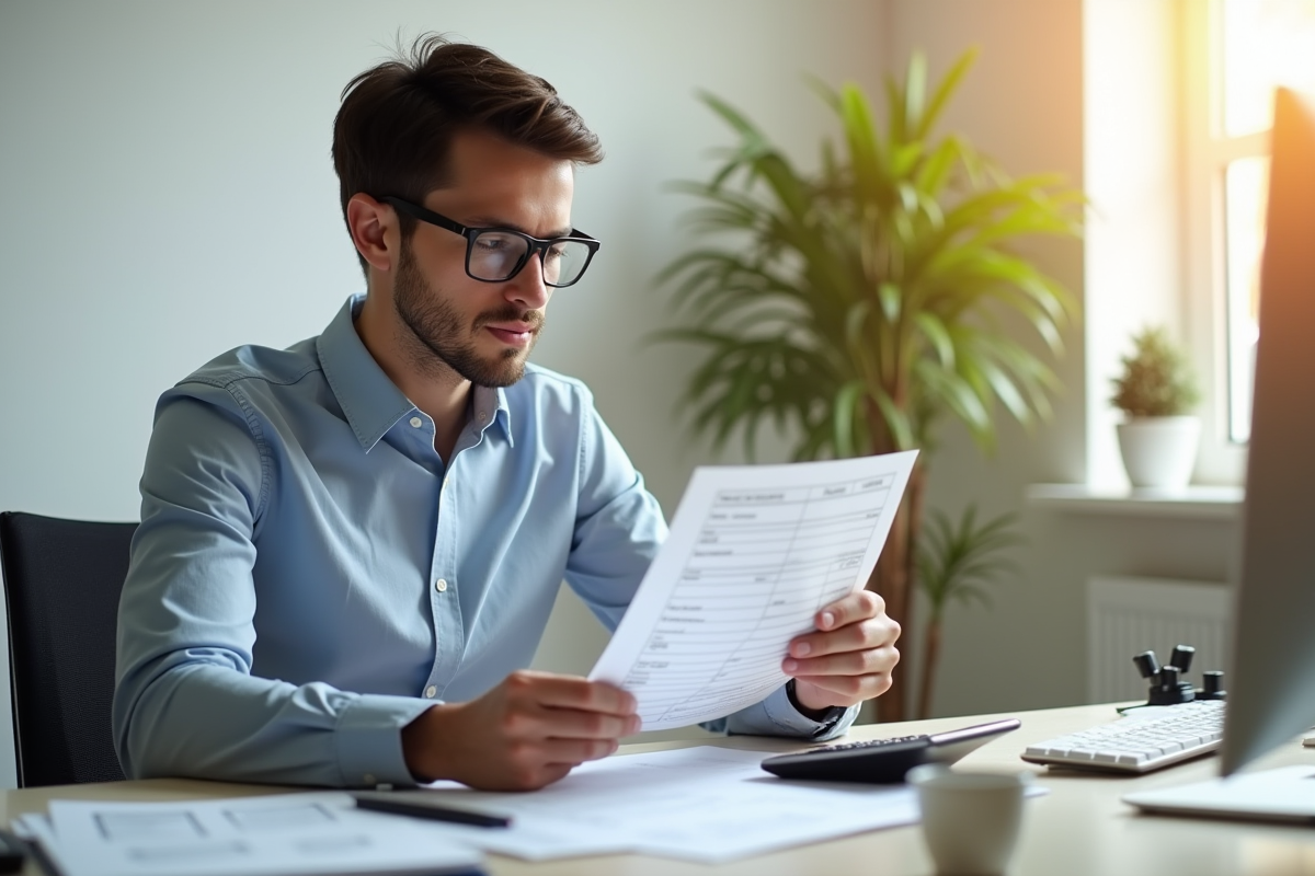 Jeune professionnel analysant un relevé de paie au bureau lumineux