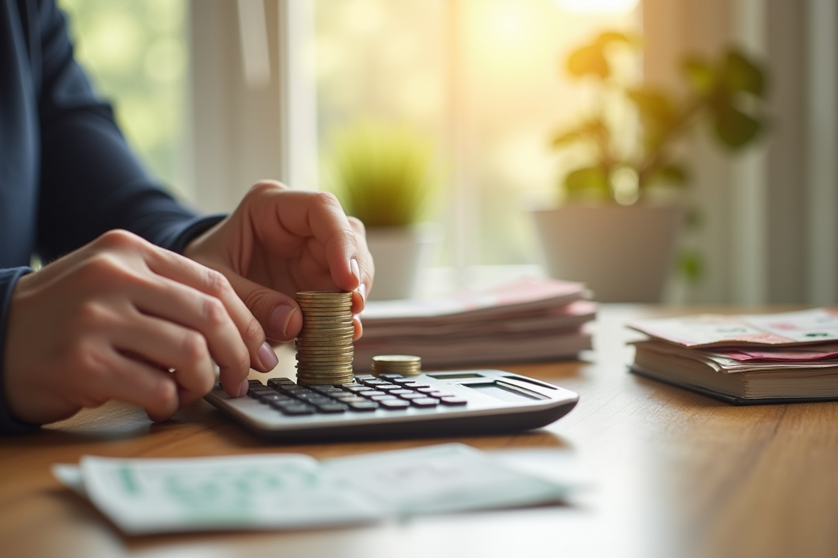 Mains manipulant des pièces et billets avec calculatrice sur table ensoleillée