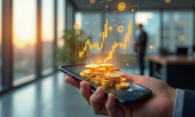 Smartphone avec portefeuille numérique et graphiques financiers