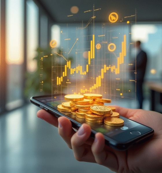 Smartphone avec portefeuille numérique et graphiques financiers