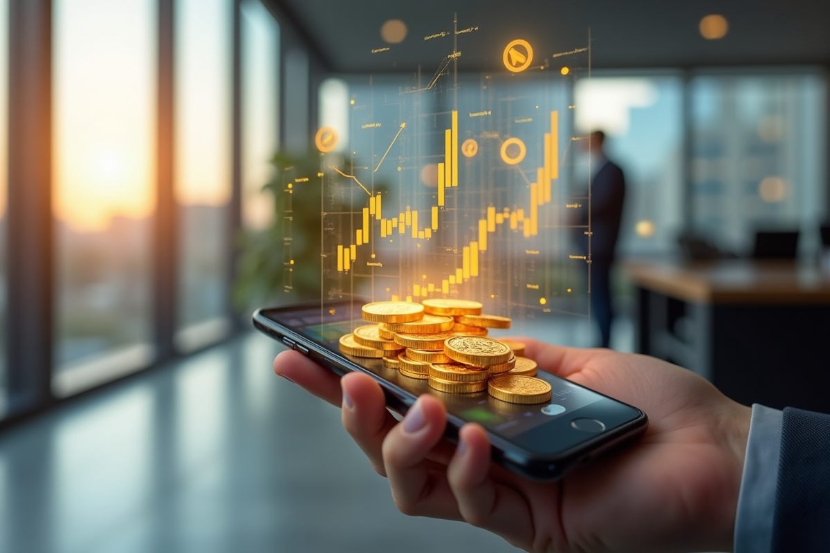 Smartphone avec portefeuille numérique et graphiques financiers