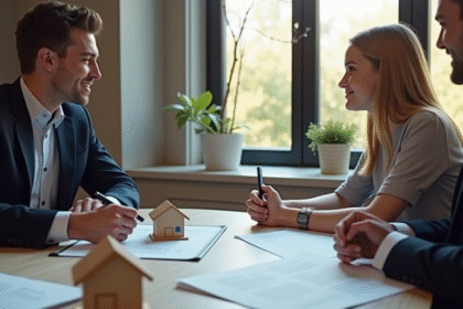 Jeune couple signant documents avec un banquier dans une banque moderne