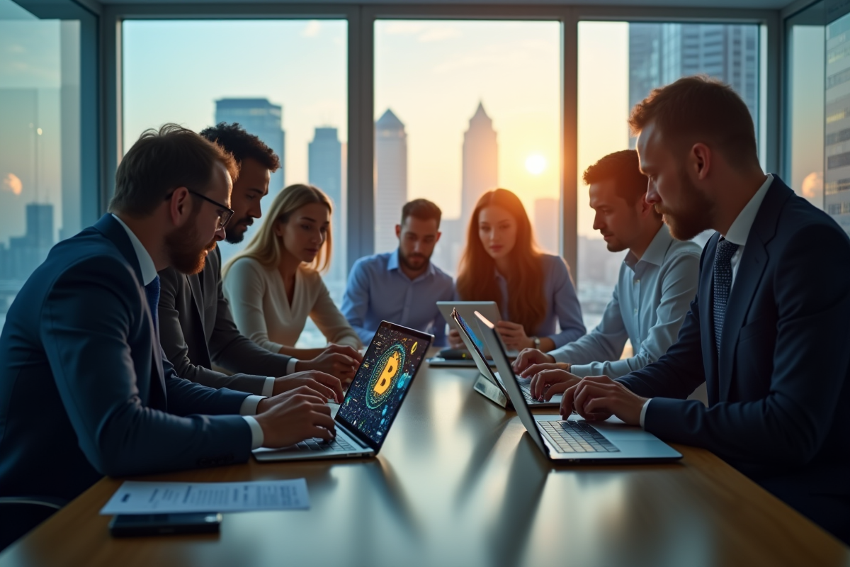 Groupe de professionnels discutant de cryptomonnaies en réunion