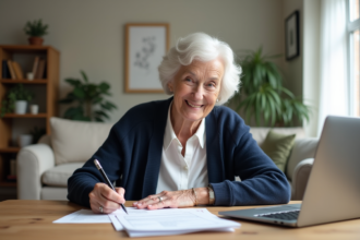 Femme senior souriante avec documents pension dans un salon
