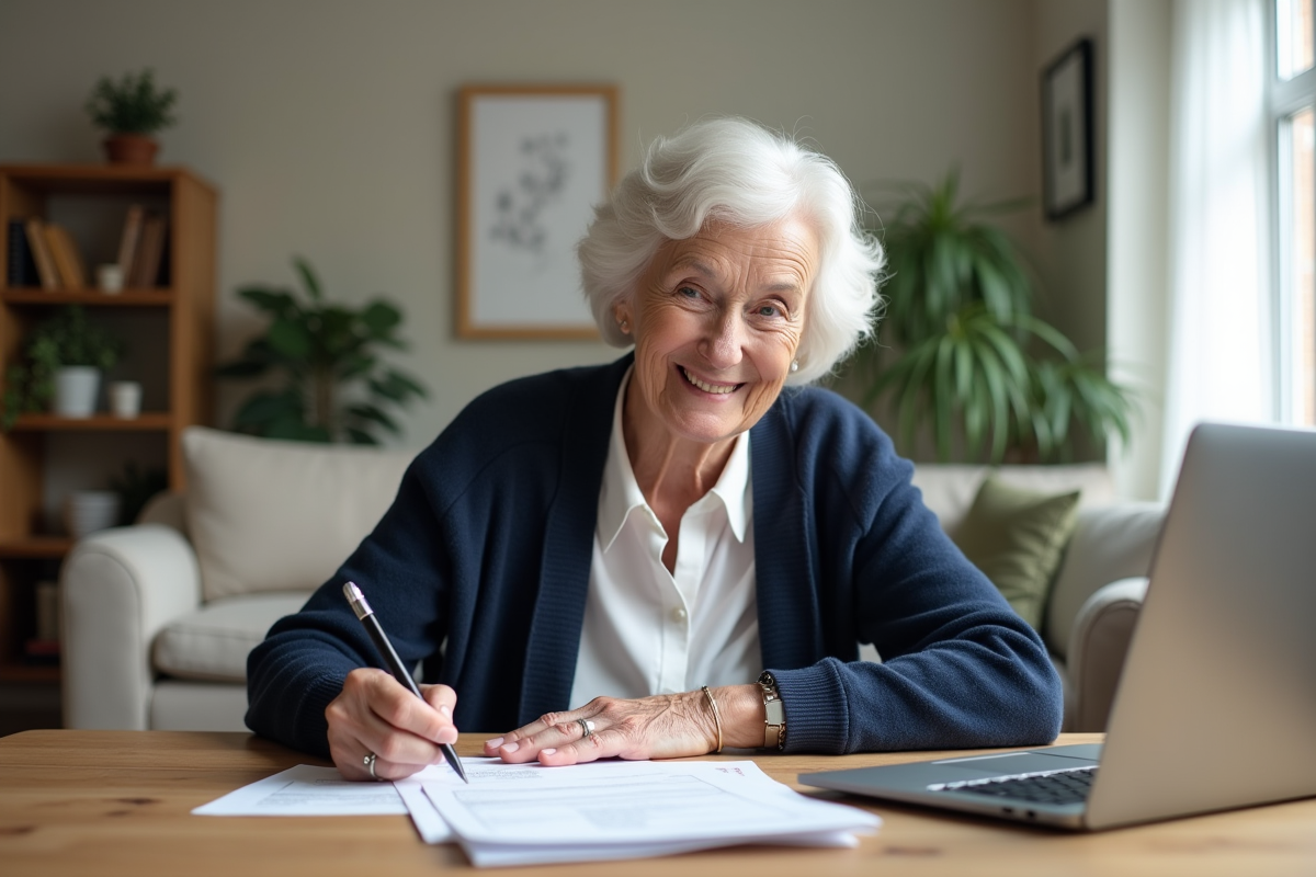 Femme senior souriante avec documents pension dans un salon