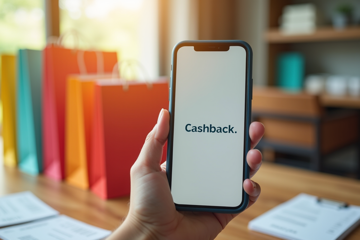 Notification cashback sur smartphone avec sacs shopping